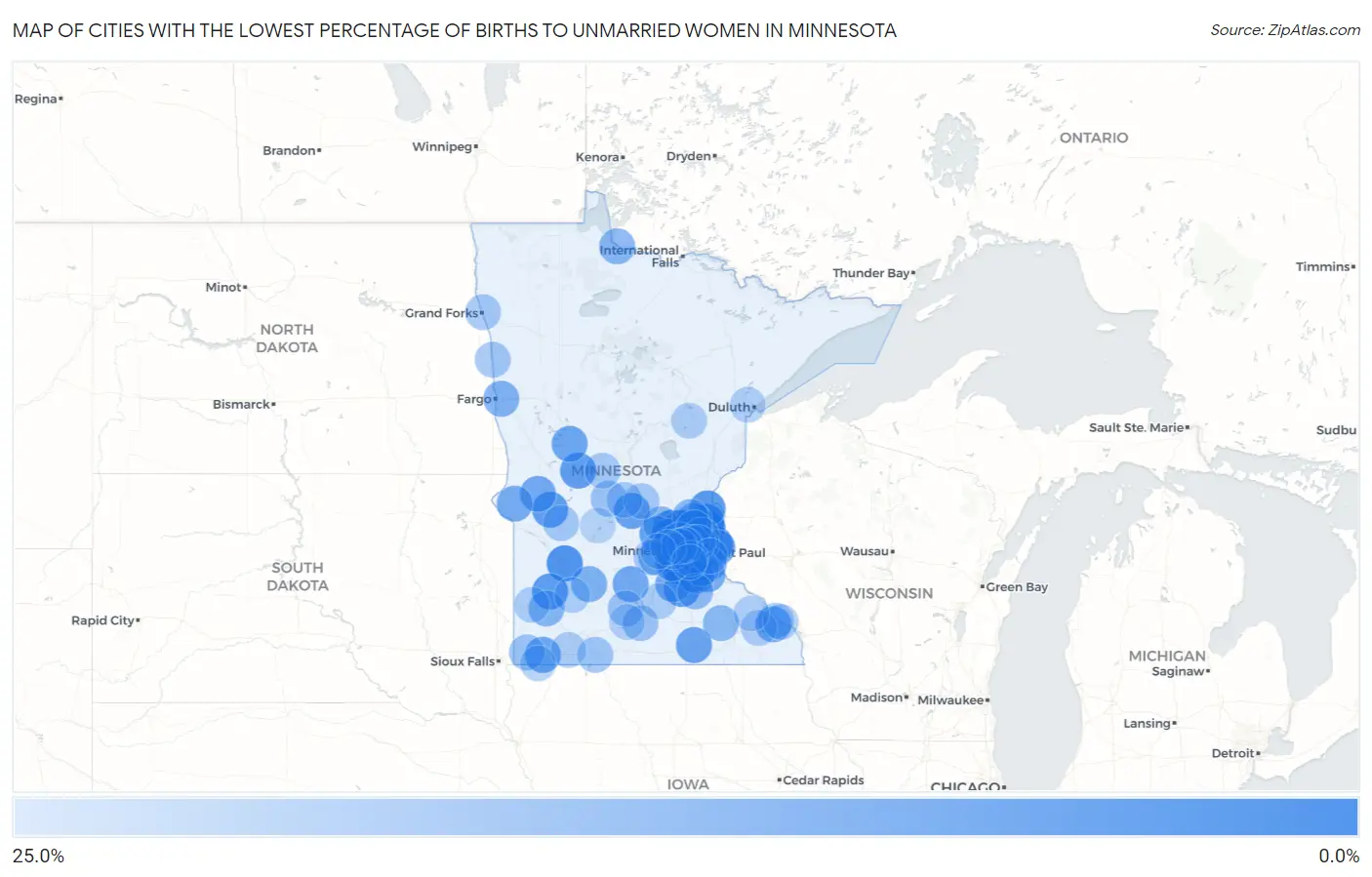 Cities with the Lowest Percentage of Births to Unmarried Women in Minnesota Map