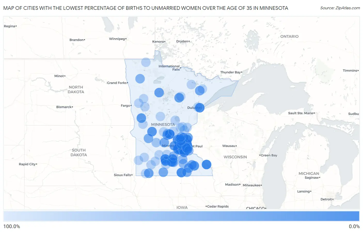 Cities with the Lowest Percentage of Births to Unmarried Women over the Age of 35 in Minnesota Map