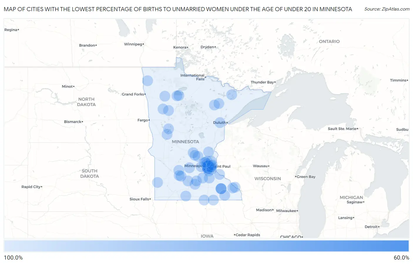 Cities with the Lowest Percentage of Births to Unmarried Women under the Age of under 20 in Minnesota Map