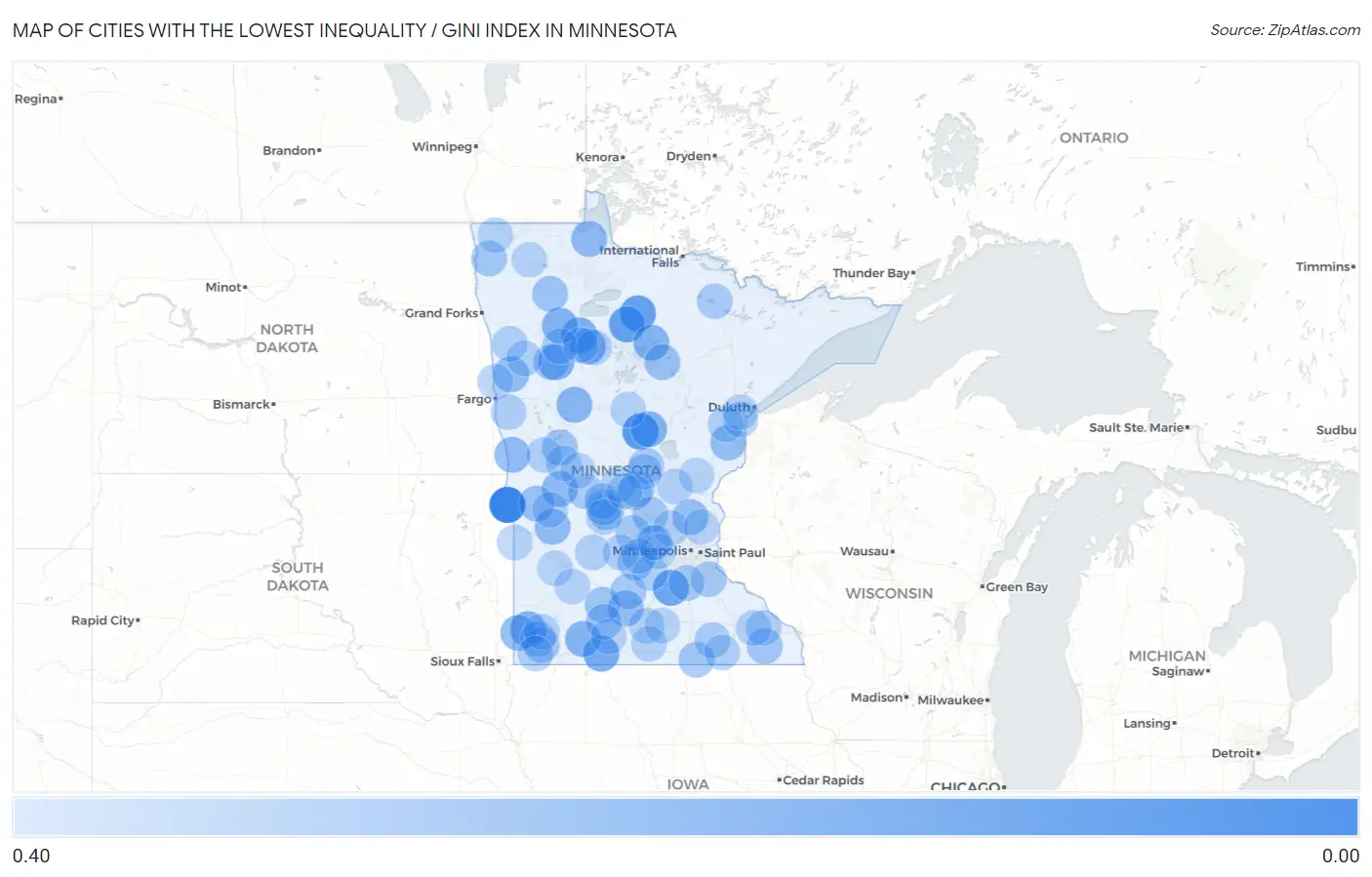 Cities with the Lowest Inequality / Gini Index in Minnesota Map
