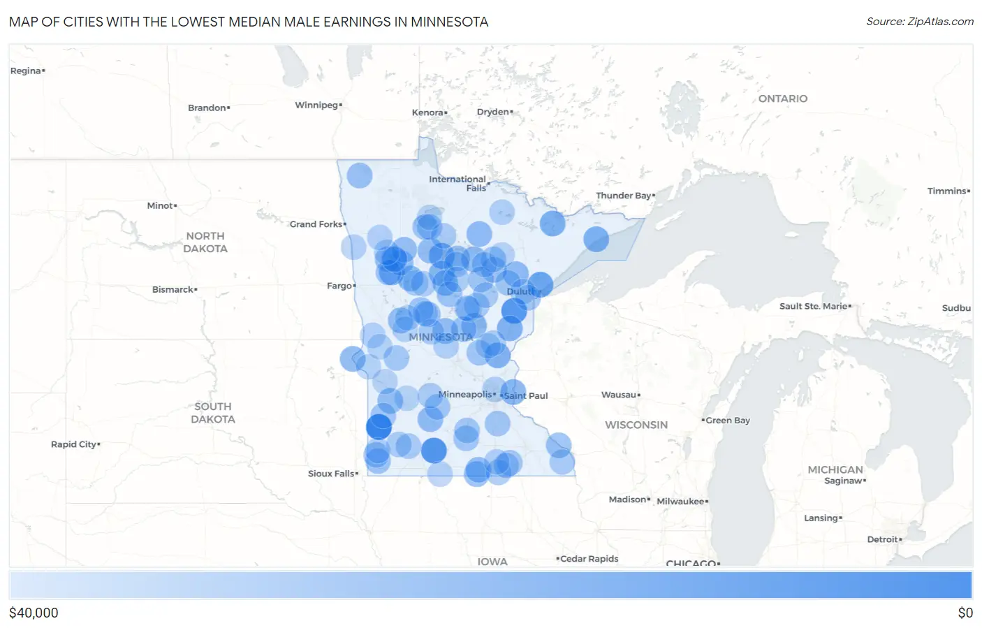 Cities with the Lowest Median Male Earnings in Minnesota Map