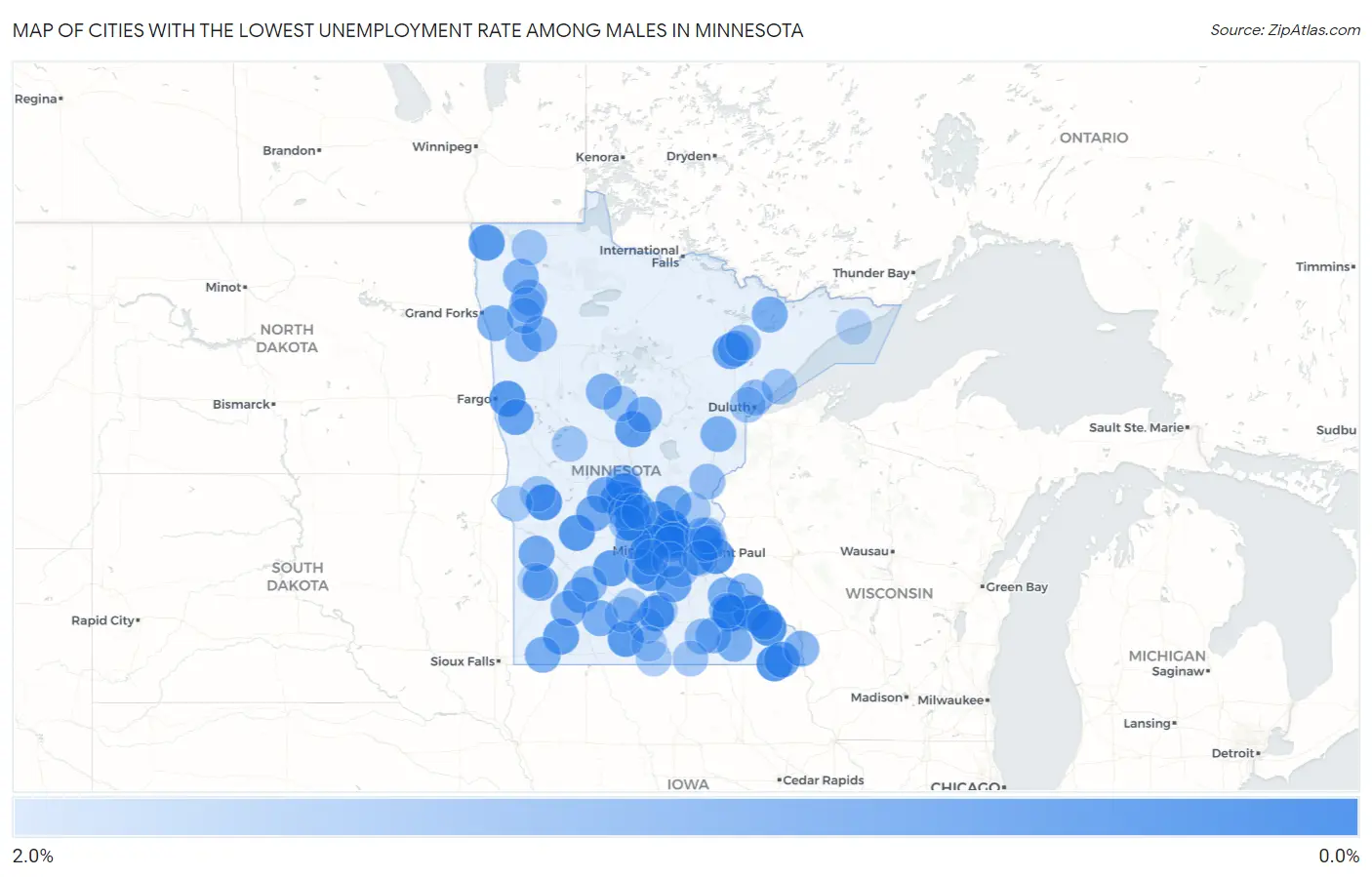 Cities with the Lowest Unemployment Rate Among Males in Minnesota Map
