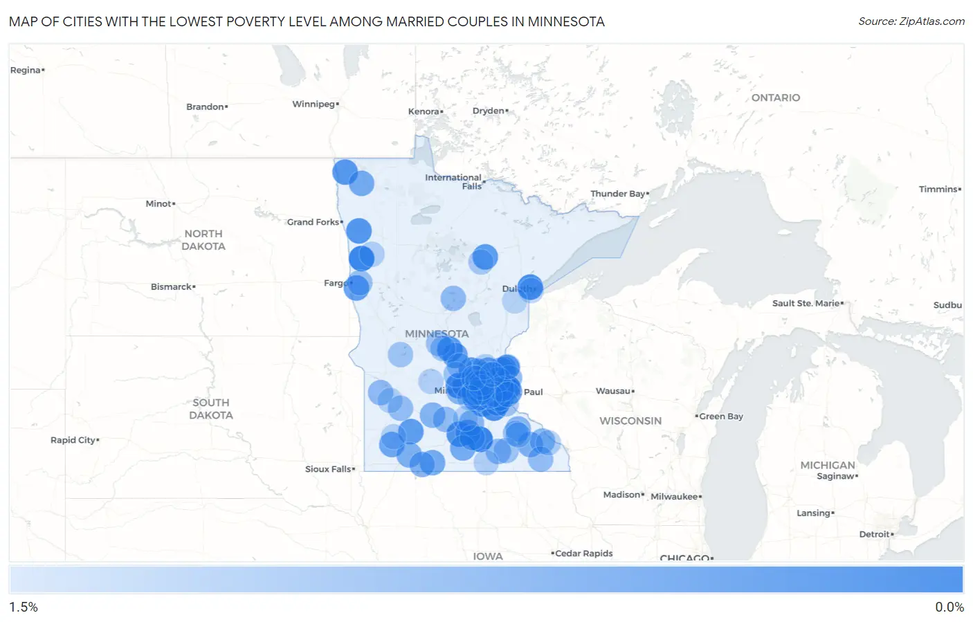 Cities with the Lowest Poverty Level Among Married Couples in Minnesota Map