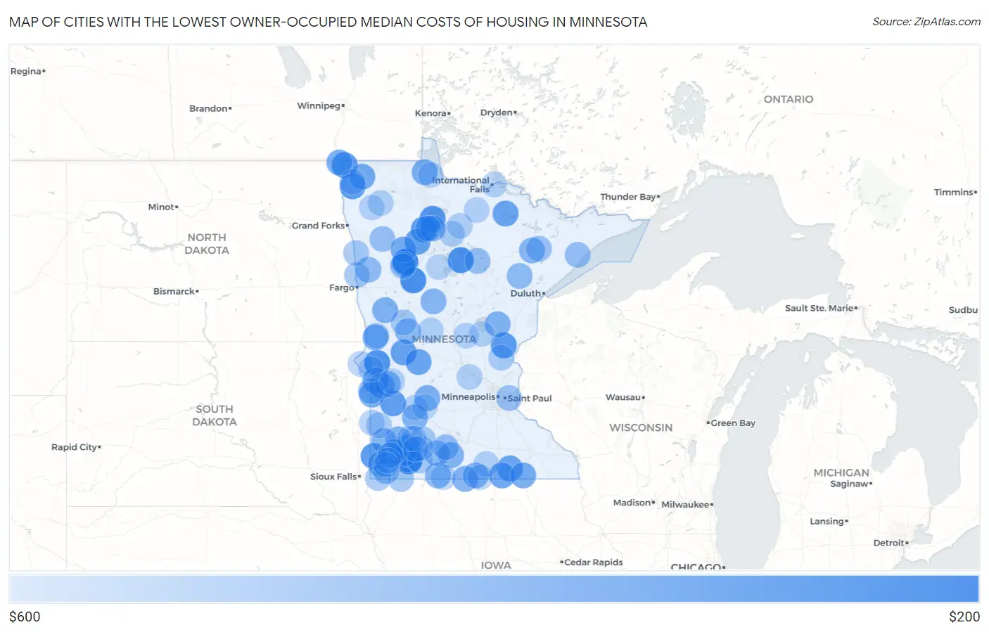 Cities with the Lowest Owner-Occupied Median Costs of Housing in Minnesota Map