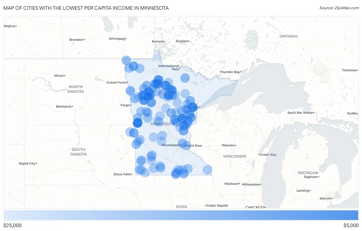 Cities with the Lowest Per Capita Income in Minnesota Map