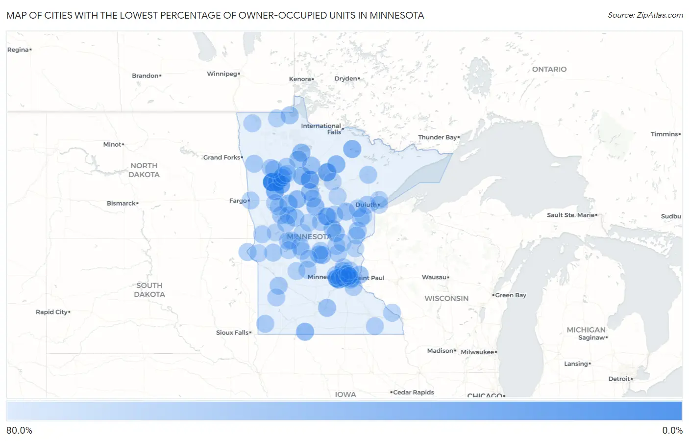 Cities with the Lowest Percentage of Owner-Occupied Units in Minnesota Map