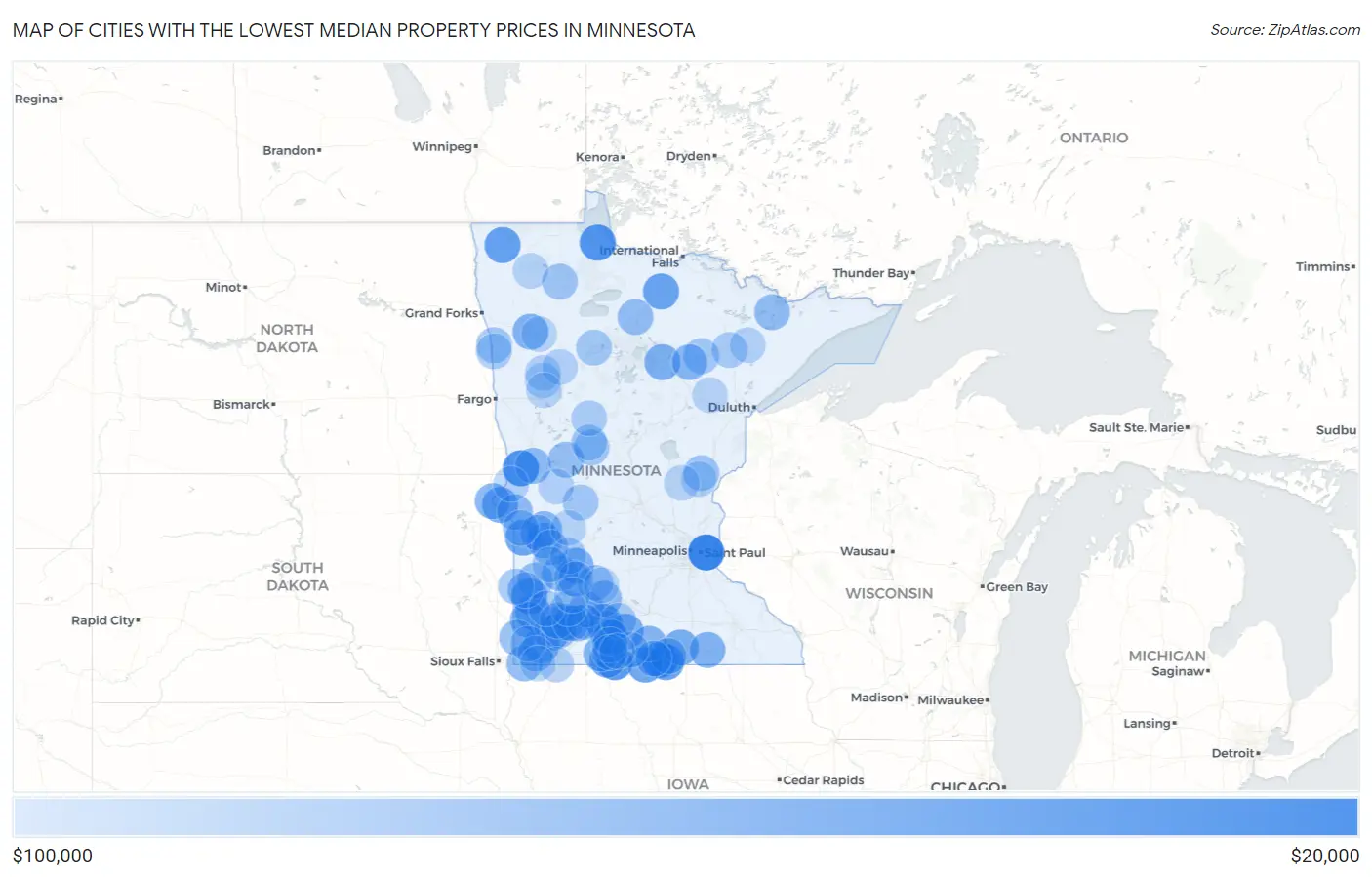 Cities with the Lowest Median Property Prices in Minnesota Map