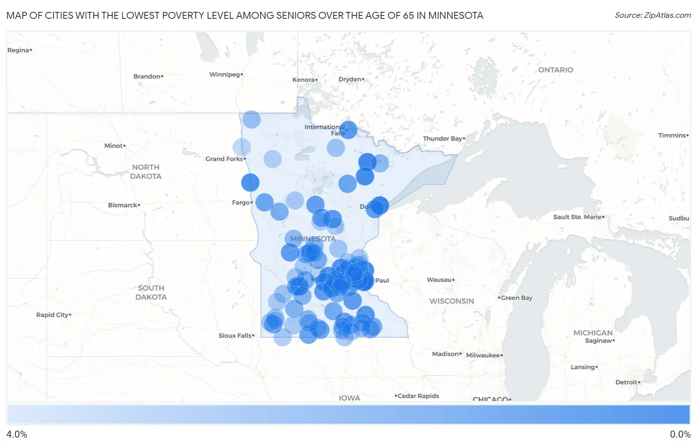 Cities with the Lowest Poverty Level Among Seniors Over the Age of 65 in Minnesota Map
