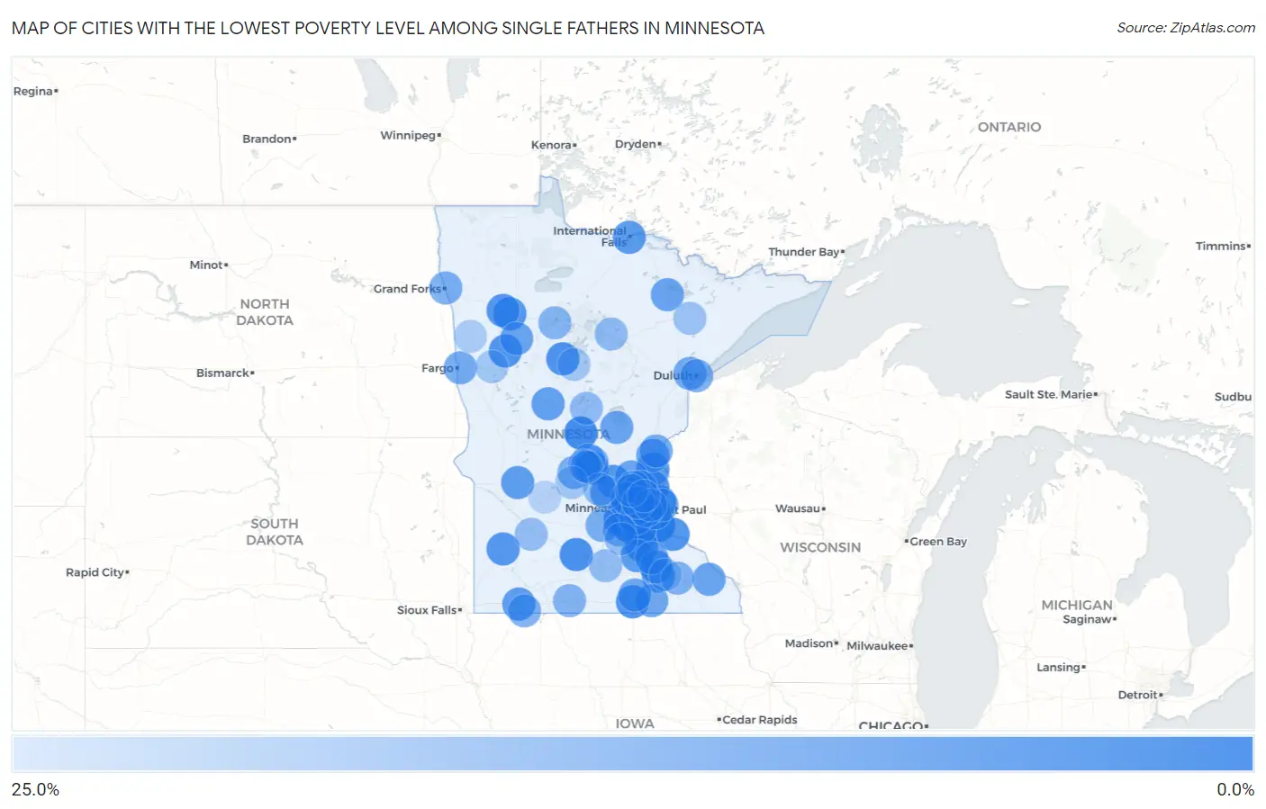 Cities with the Lowest Poverty Level Among Single Fathers in Minnesota Map