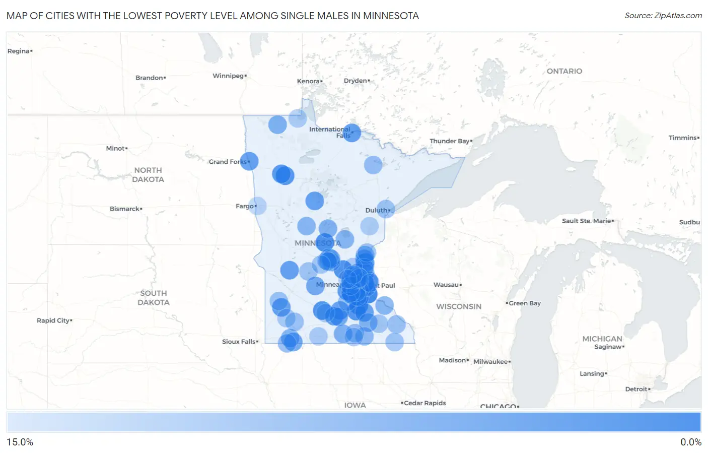 Cities with the Lowest Poverty Level Among Single Males in Minnesota Map