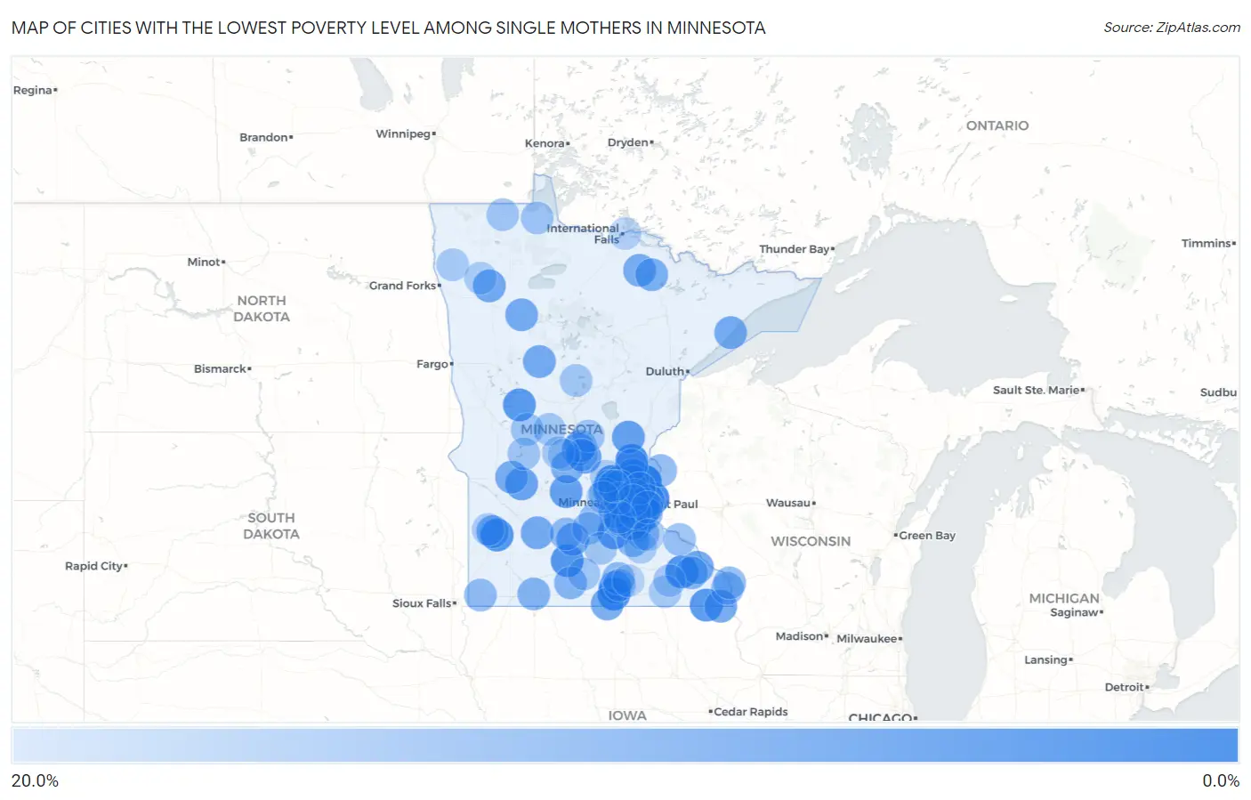 Cities with the Lowest Poverty Level Among Single Mothers in Minnesota Map
