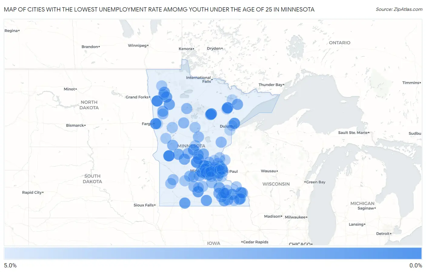 Cities with the Lowest Unemployment Rate Amomg Youth Under the Age of 25 in Minnesota Map