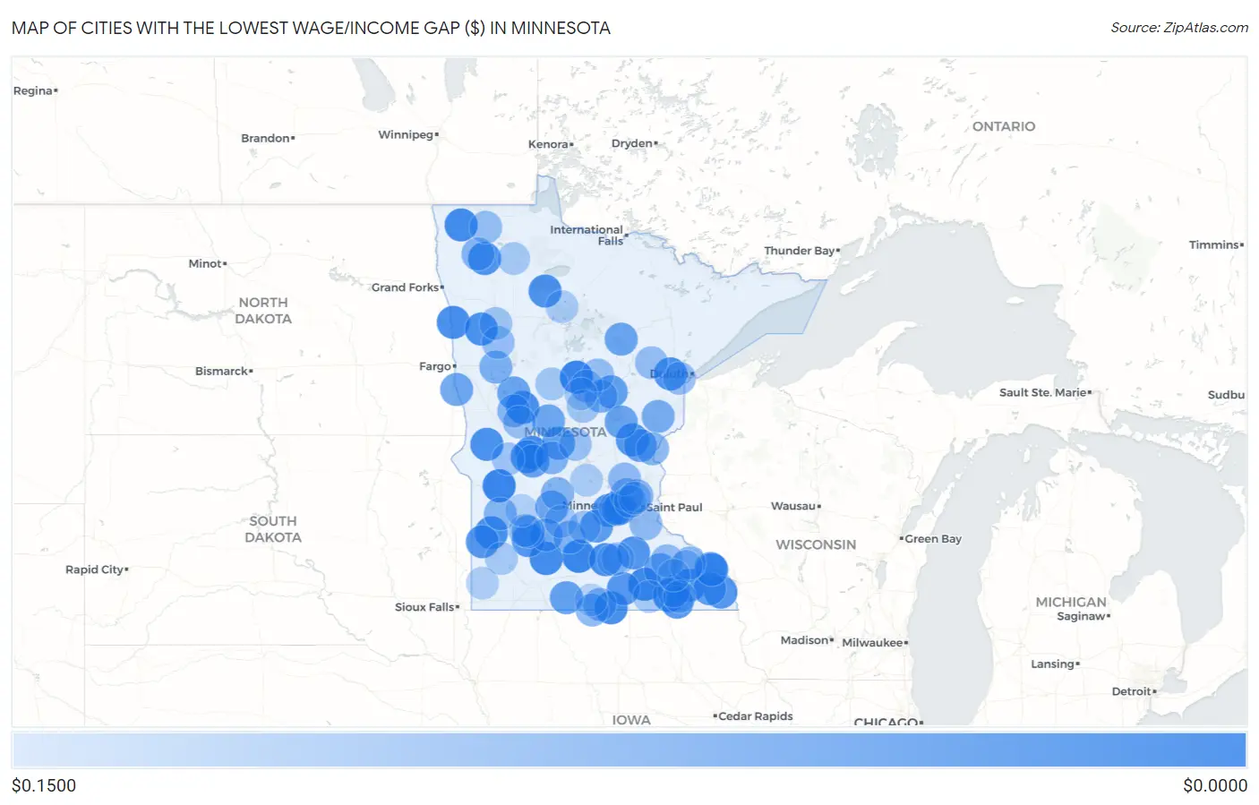 Cities with the Lowest Wage/Income Gap ($) in Minnesota Map