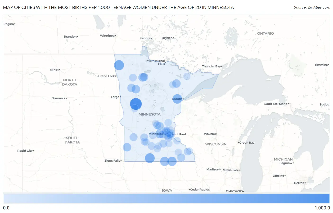 Cities with the Most Births per 1,000 Teenage Women Under the Age of 20 in Minnesota Map