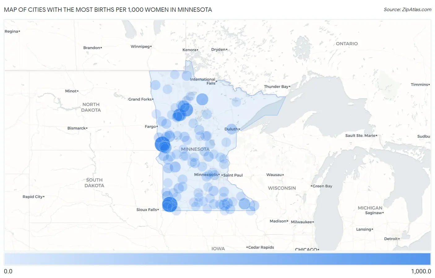Cities with the Most Births per 1,000 Women in Minnesota Map