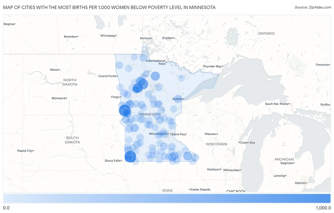 Cities with the Most Births per 1,000 Women Below Poverty Level in Minnesota Map