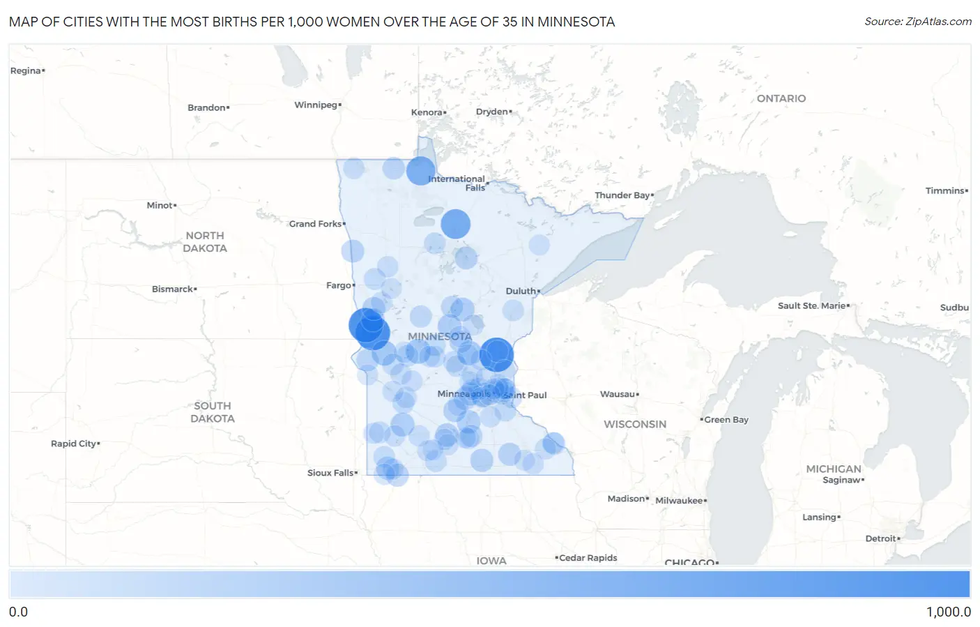 Cities with the Most Births per 1,000 Women Over the Age of 35 in Minnesota Map