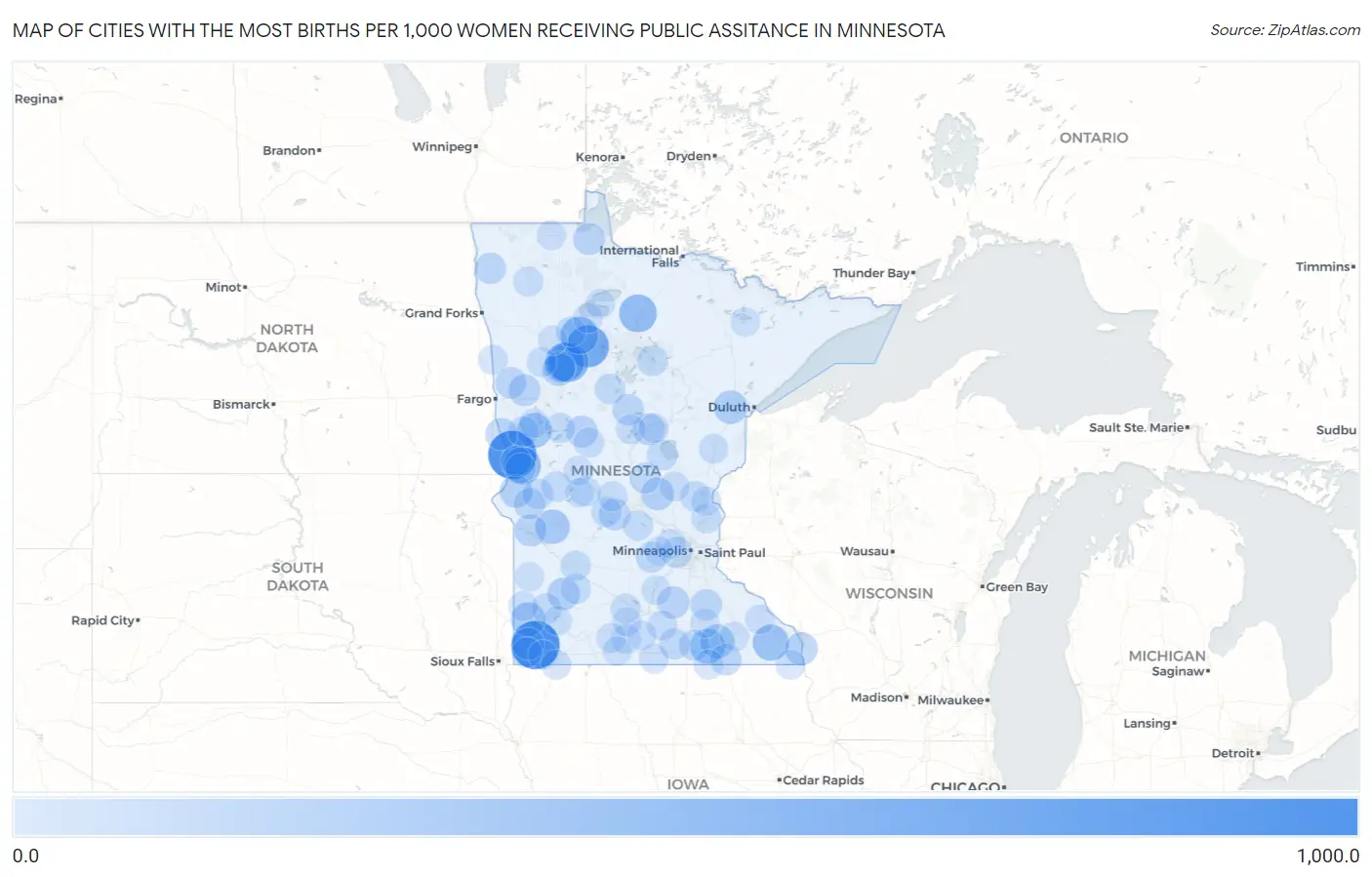 Cities with the Most Births per 1,000 Women Receiving Public Assitance in Minnesota Map