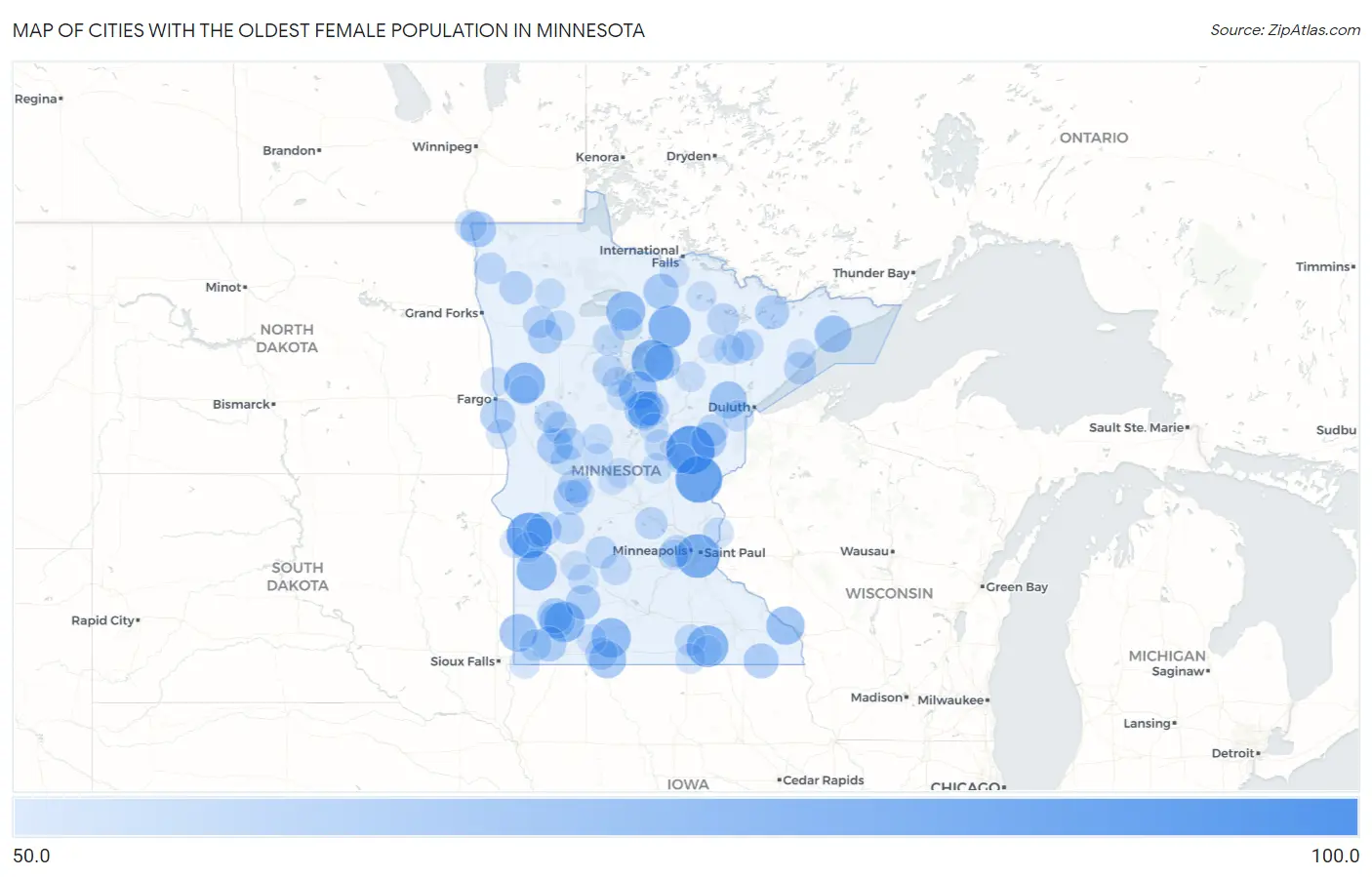 Cities with the Oldest Female Population in Minnesota Map