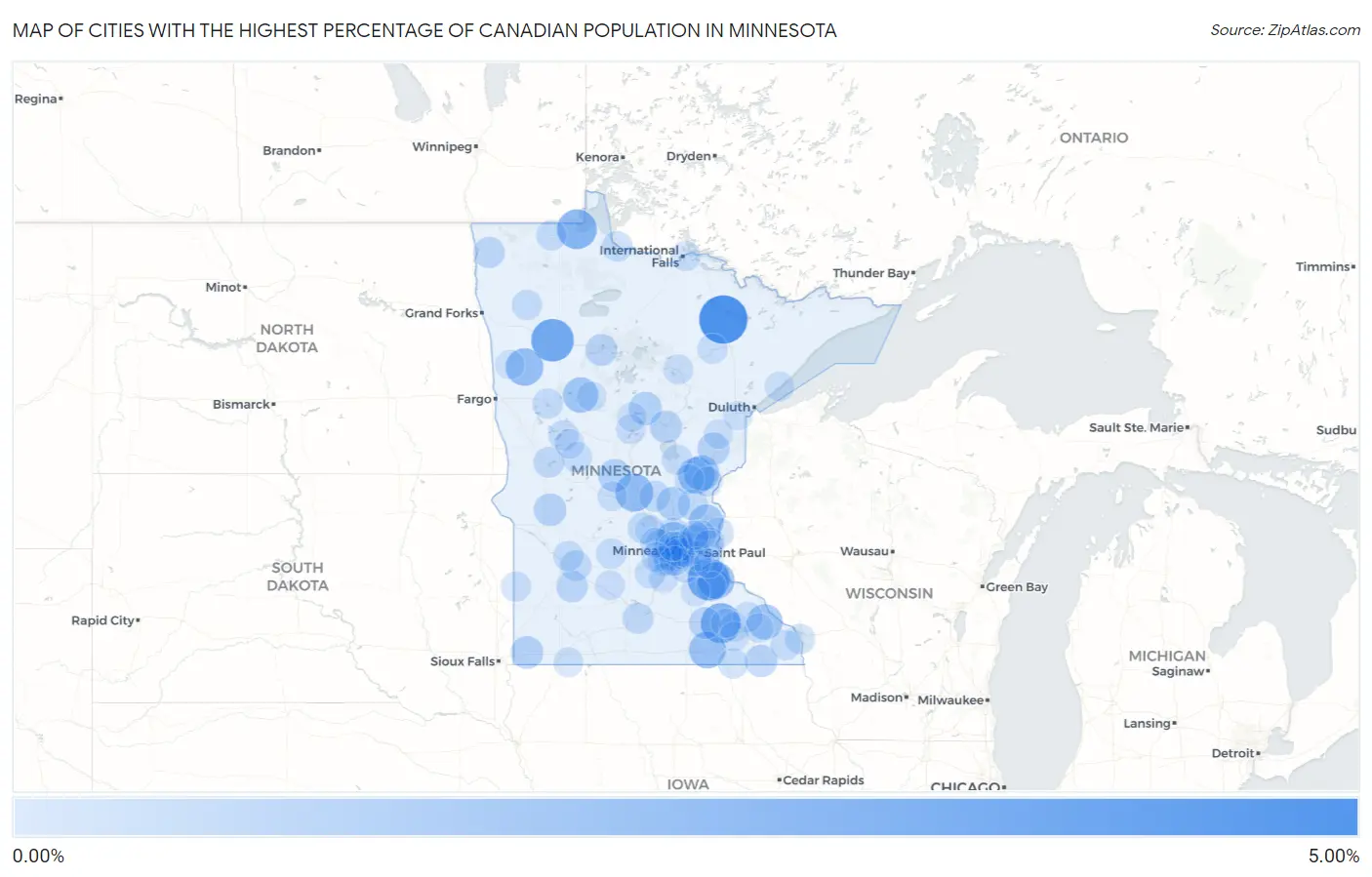 Cities with the Highest Percentage of Canadian Population in Minnesota Map