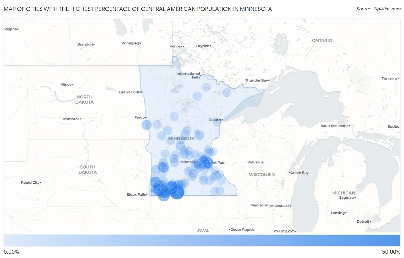 Cities with the Highest Percentage of Central American Population in Minnesota Map