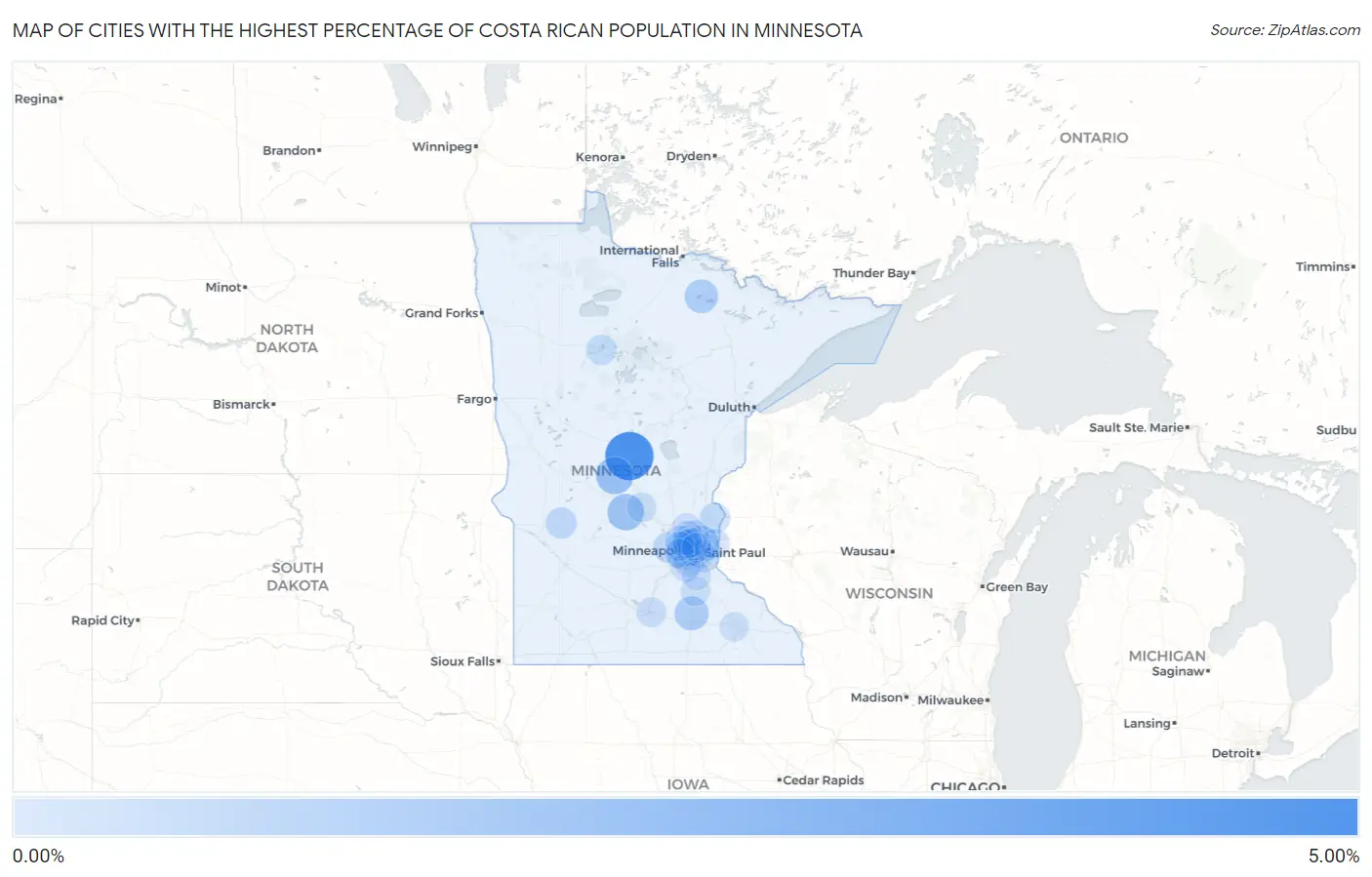 Cities with the Highest Percentage of Costa Rican Population in Minnesota Map