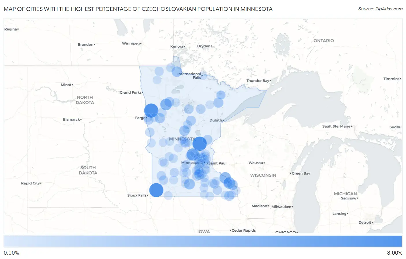Cities with the Highest Percentage of Czechoslovakian Population in Minnesota Map