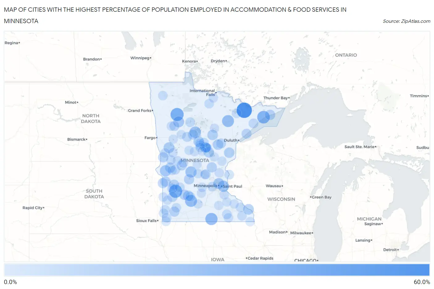 Cities with the Highest Percentage of Population Employed in Accommodation & Food Services in Minnesota Map