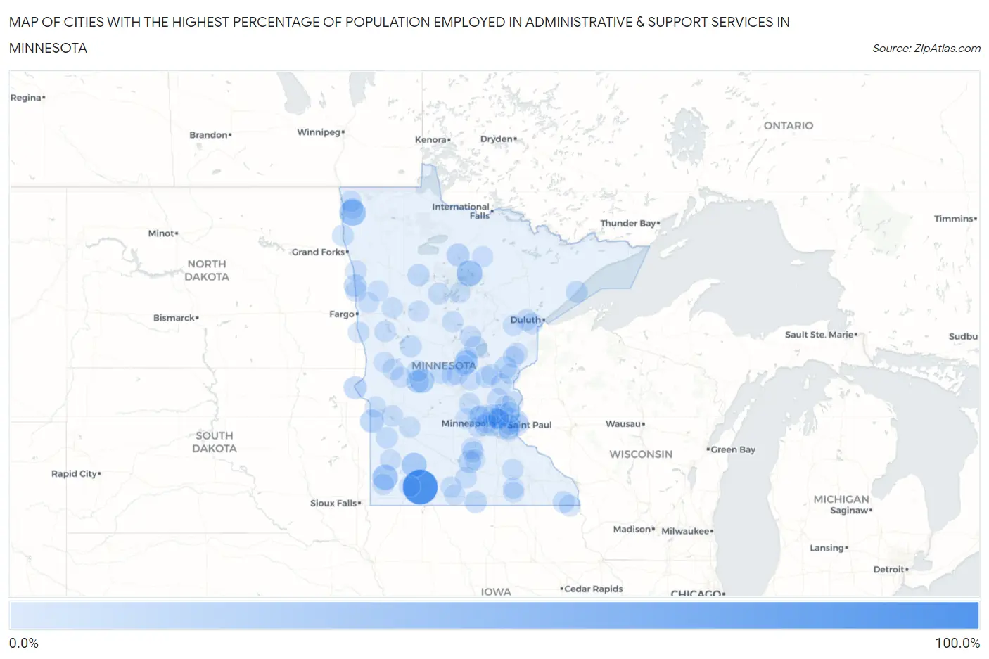 Cities with the Highest Percentage of Population Employed in Administrative & Support Services in Minnesota Map