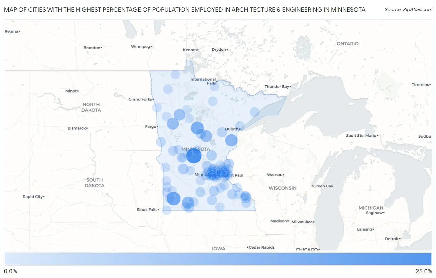 Cities with the Highest Percentage of Population Employed in Architecture & Engineering in Minnesota Map