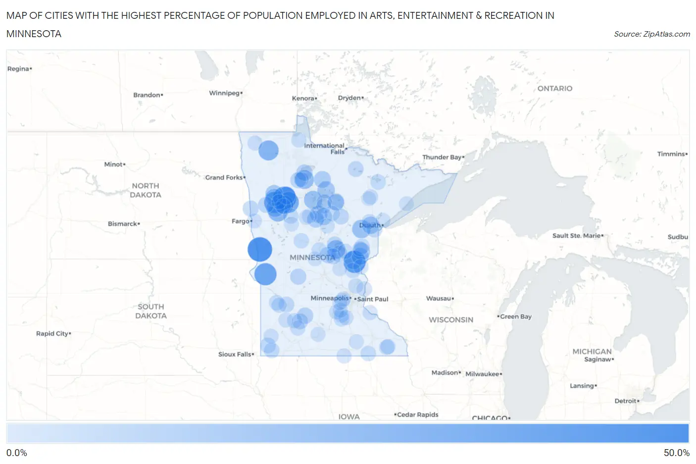 Cities with the Highest Percentage of Population Employed in Arts, Entertainment & Recreation in Minnesota Map
