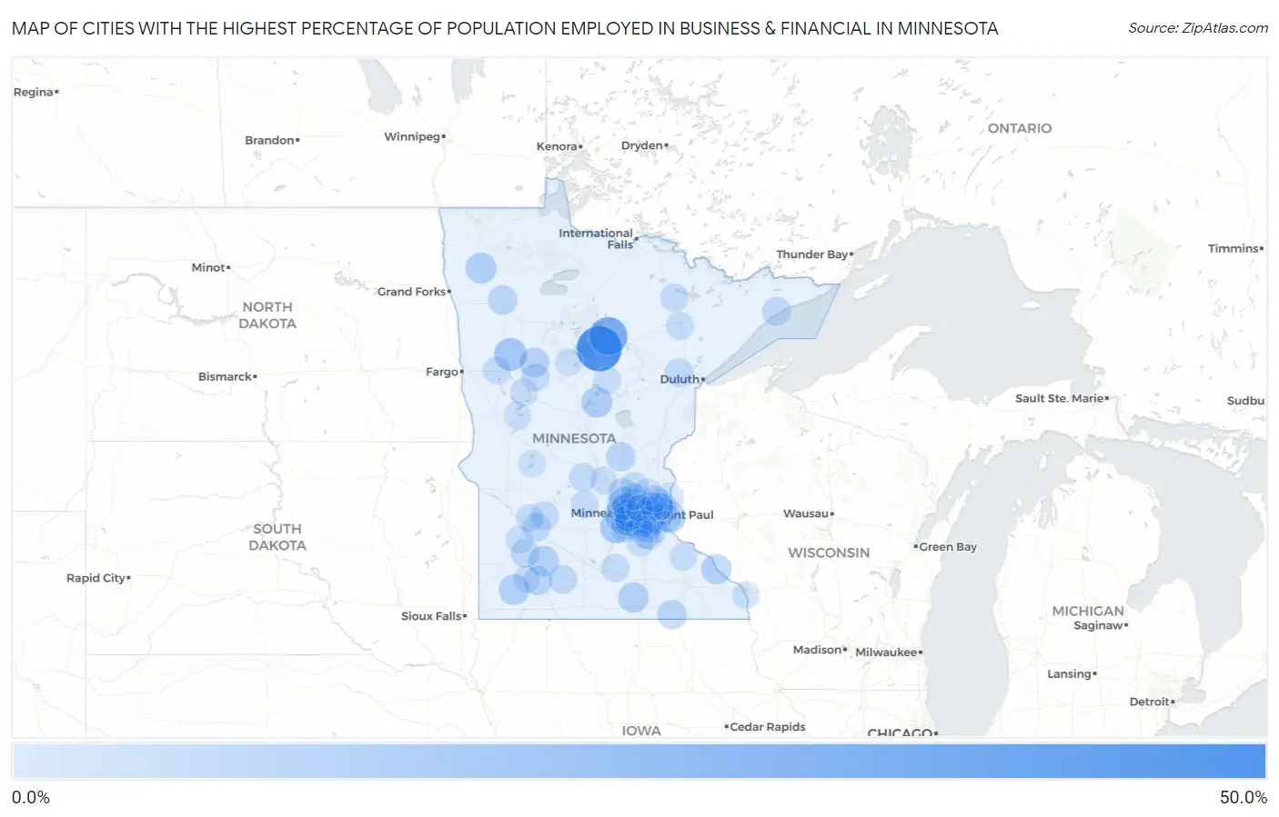 Cities with the Highest Percentage of Population Employed in Business & Financial in Minnesota Map