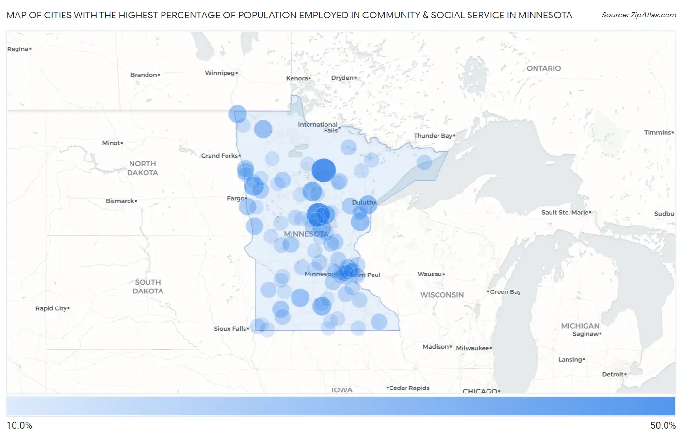 Cities with the Highest Percentage of Population Employed in Community & Social Service  in Minnesota Map