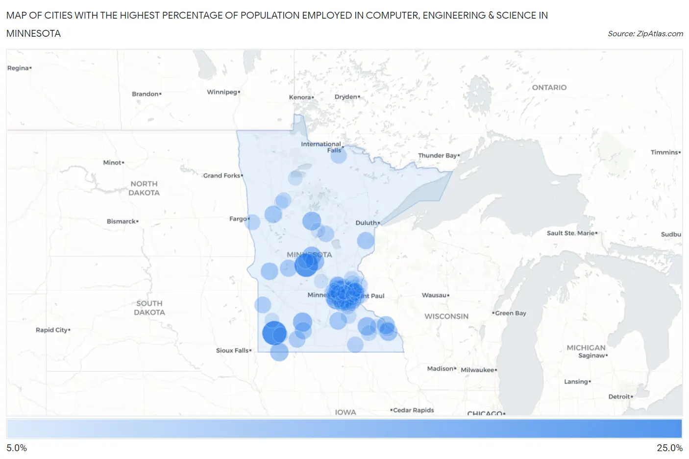 Cities with the Highest Percentage of Population Employed in Computer, Engineering & Science in Minnesota Map