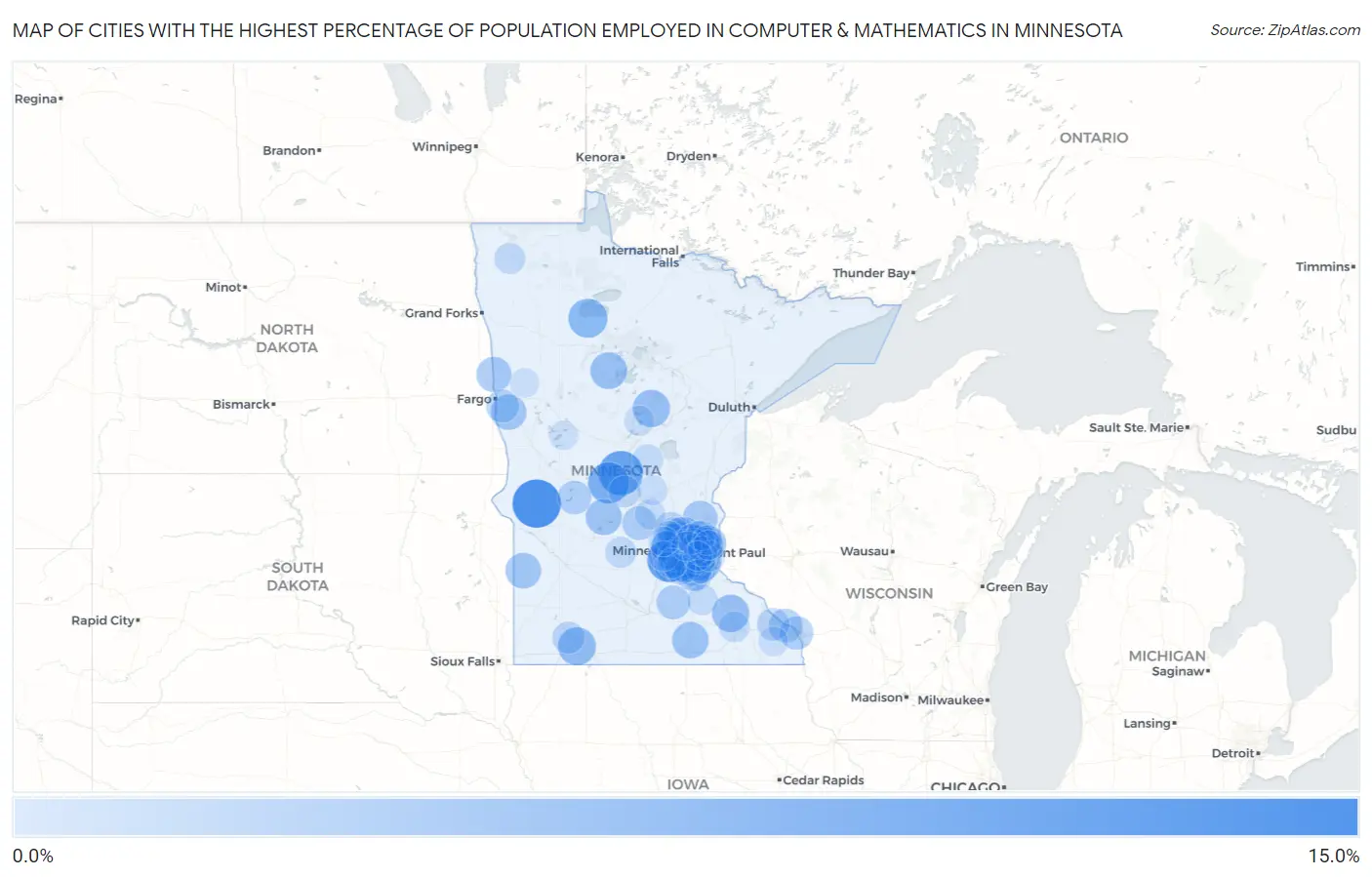 Cities with the Highest Percentage of Population Employed in Computer & Mathematics in Minnesota Map