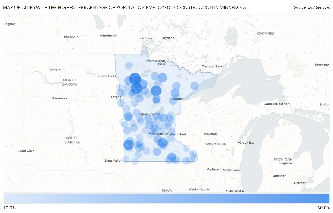 Cities with the Highest Percentage of Population Employed in Construction in Minnesota Map