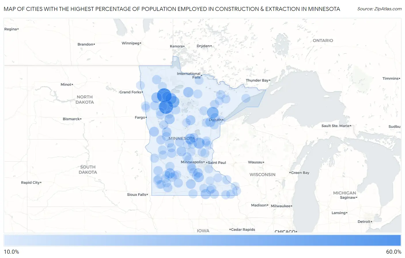 Cities with the Highest Percentage of Population Employed in Construction & Extraction in Minnesota Map