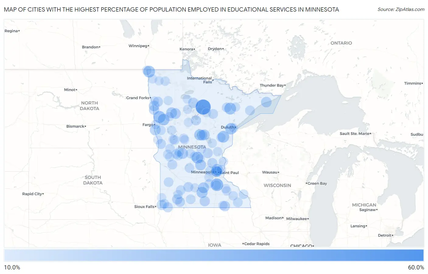 Cities with the Highest Percentage of Population Employed in Educational Services in Minnesota Map
