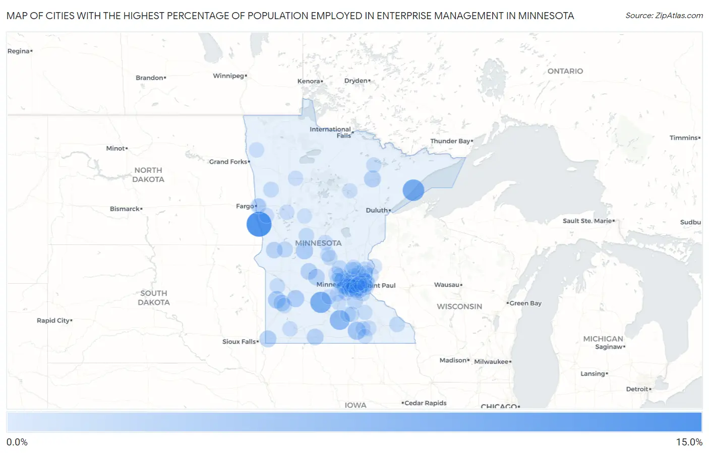 Cities with the Highest Percentage of Population Employed in Enterprise Management in Minnesota Map