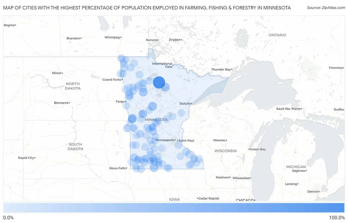 Cities with the Highest Percentage of Population Employed in Farming, Fishing & Forestry in Minnesota Map