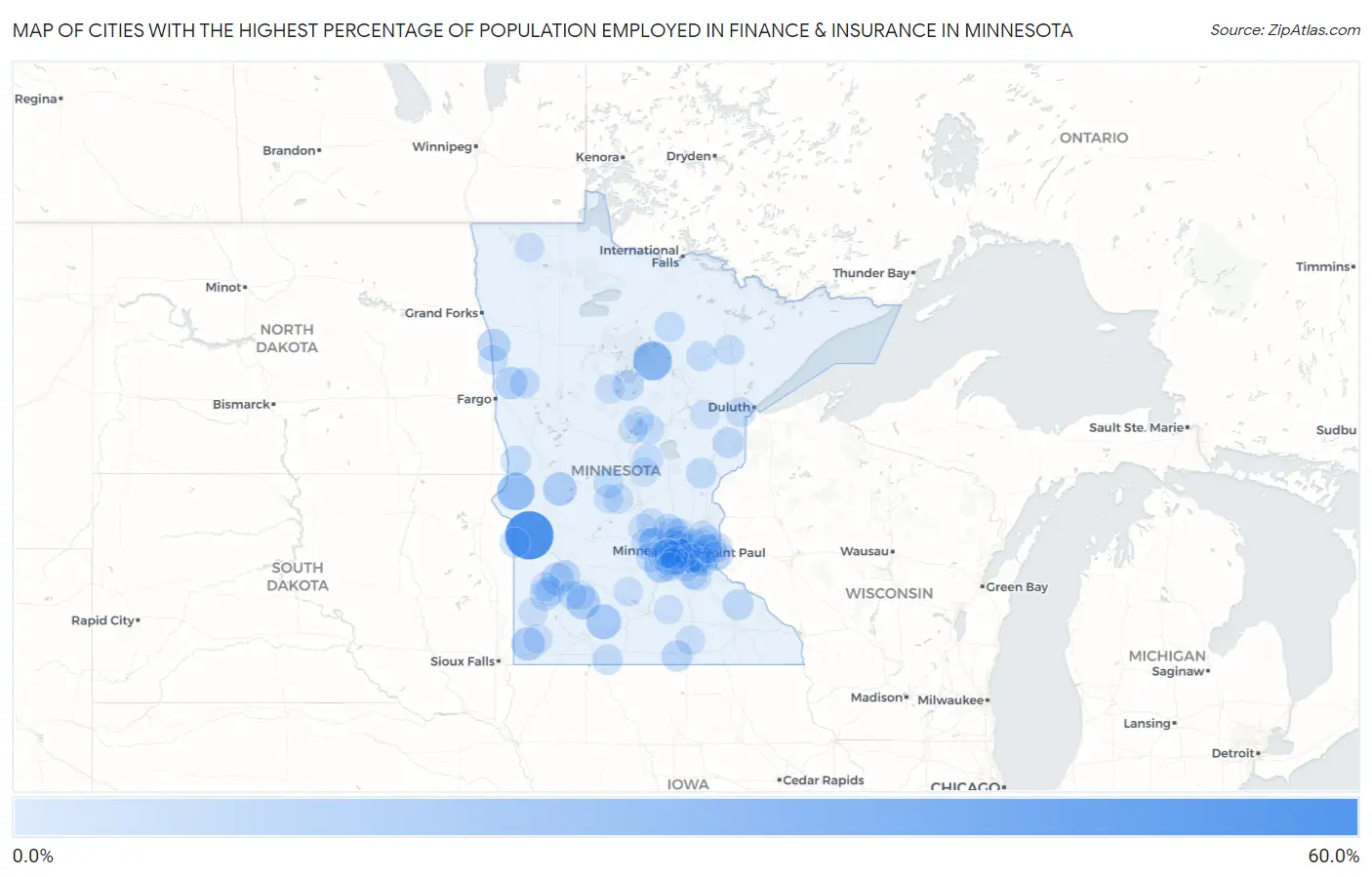 Cities with the Highest Percentage of Population Employed in Finance & Insurance in Minnesota Map