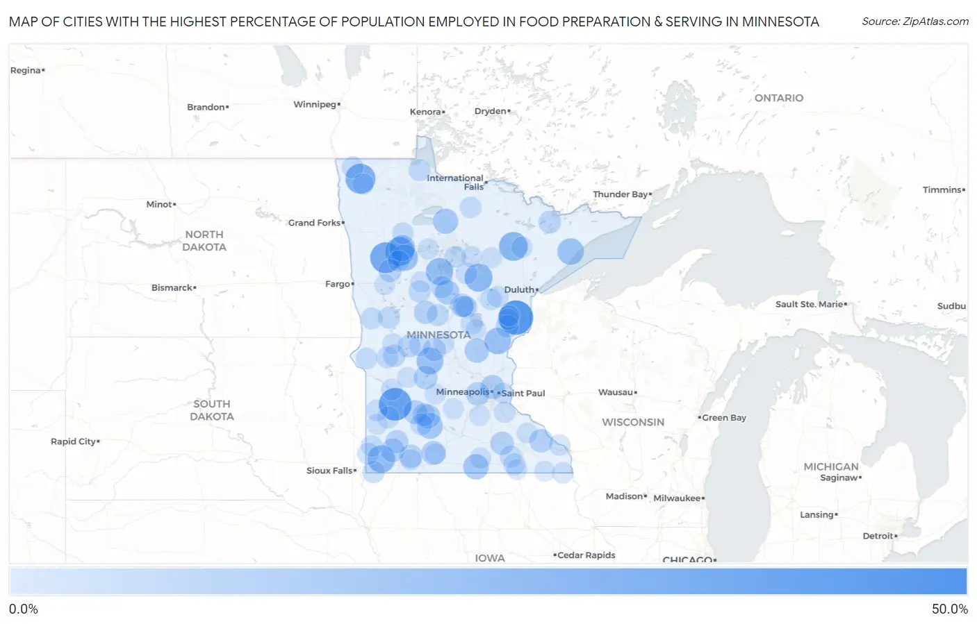 Cities with the Highest Percentage of Population Employed in Food Preparation & Serving in Minnesota Map