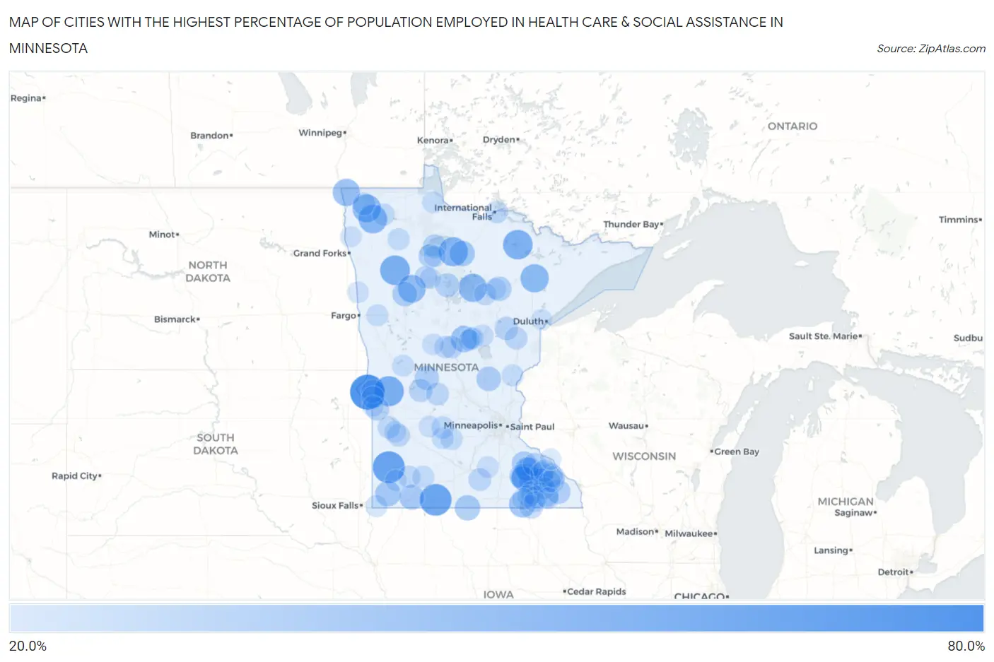 Cities with the Highest Percentage of Population Employed in Health Care & Social Assistance in Minnesota Map