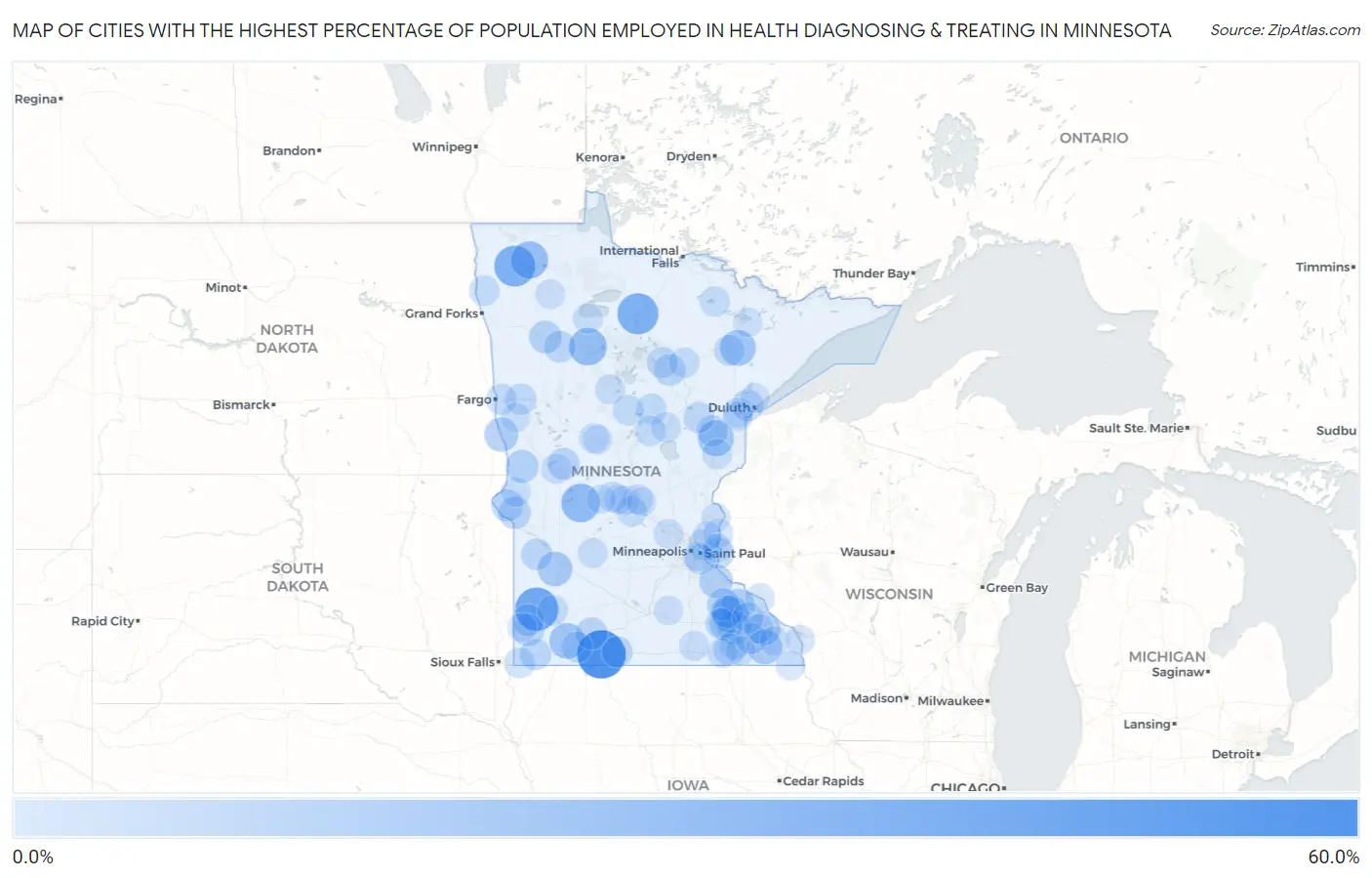 Cities with the Highest Percentage of Population Employed in Health Diagnosing & Treating in Minnesota Map