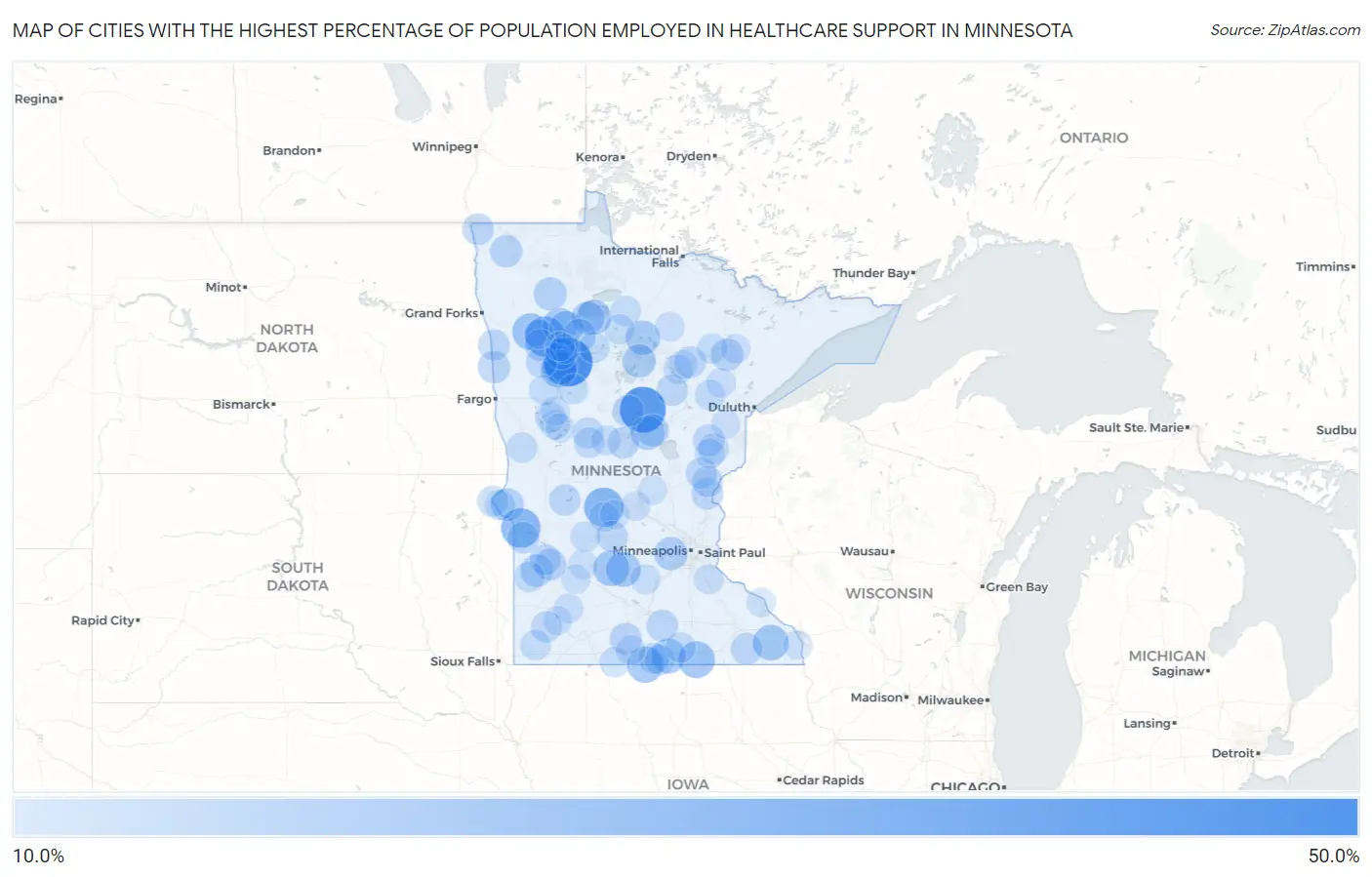 Cities with the Highest Percentage of Population Employed in Healthcare Support in Minnesota Map