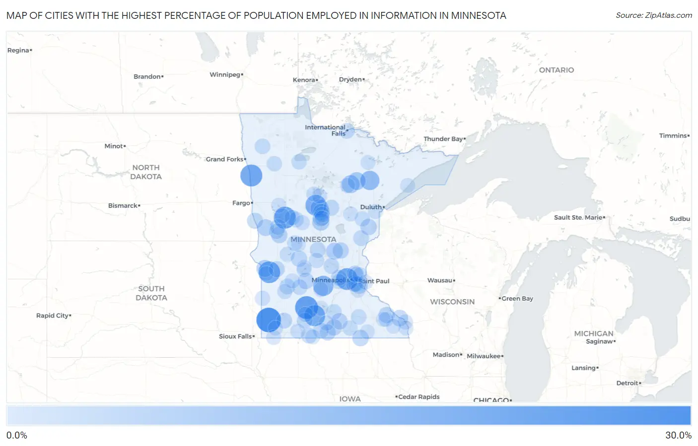 Cities with the Highest Percentage of Population Employed in Information in Minnesota Map