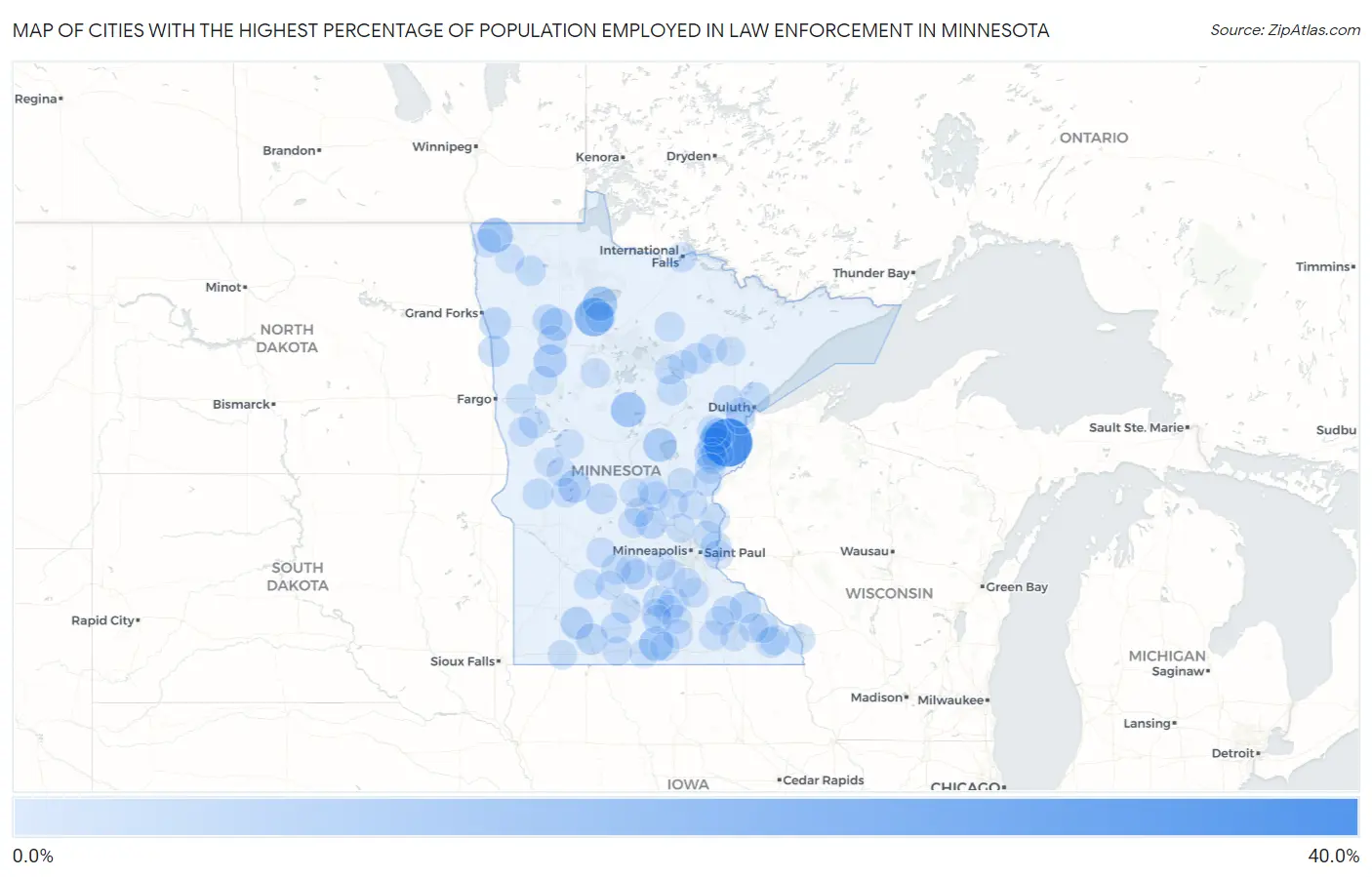 Cities with the Highest Percentage of Population Employed in Law Enforcement in Minnesota Map