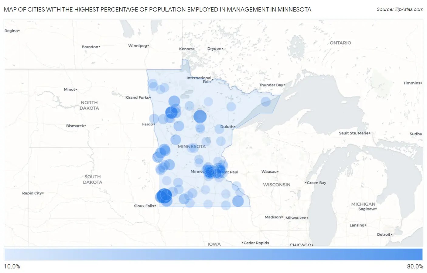 Cities with the Highest Percentage of Population Employed in Management in Minnesota Map
