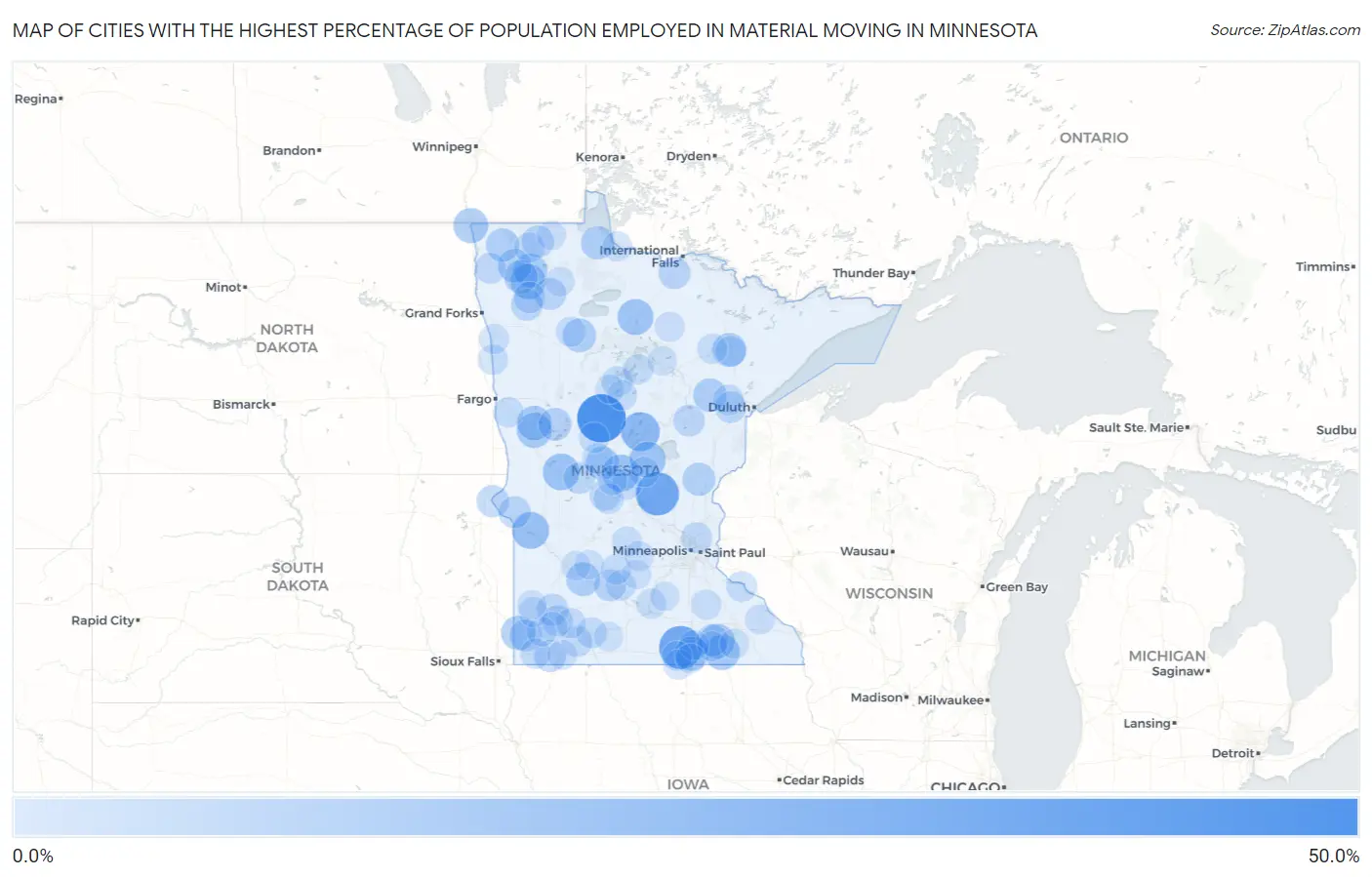 Cities with the Highest Percentage of Population Employed in Material Moving in Minnesota Map