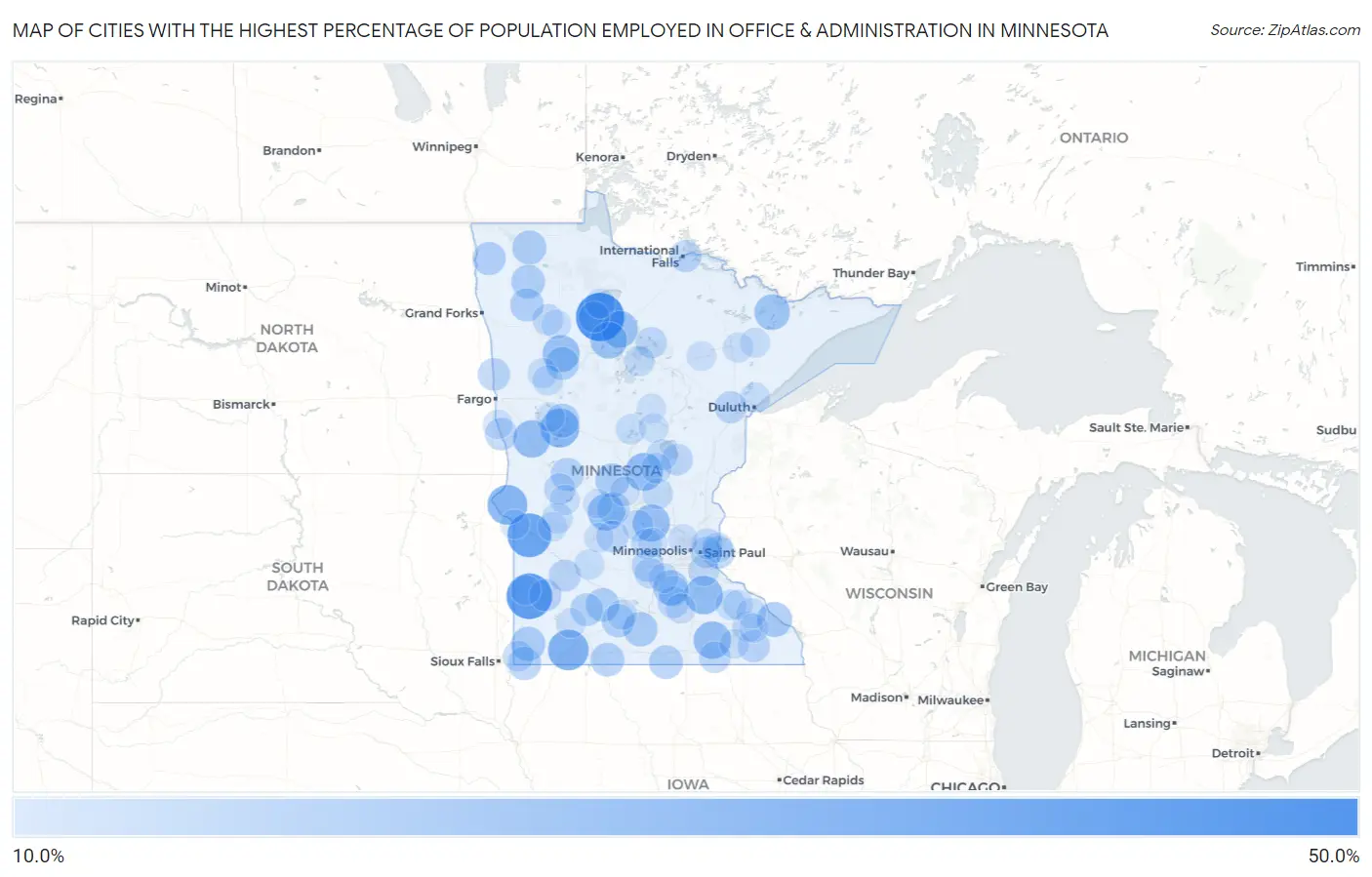 Cities with the Highest Percentage of Population Employed in Office & Administration in Minnesota Map